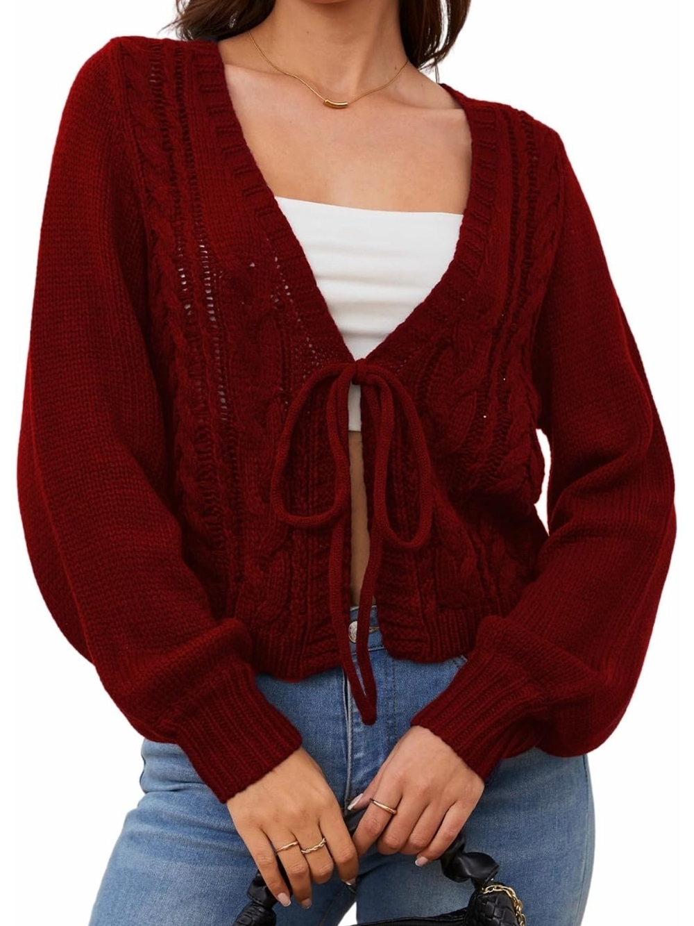 Women's Red Tie-Front Cable Knit Sweater Cardigan